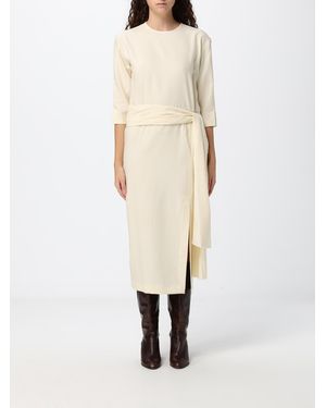 Crida Milano Gertrude Wool Midi Sheath Dress With Long Sleeves And Waist Belt - Natural