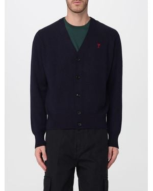 Ami Paris V-Neck Wool Cardigan With Contrast Embroidered Logo - Blue
