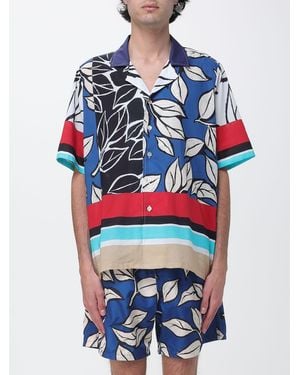 NOM Floral Cotton Bowling Shirt With Short Sleeves And Rever Collar - Blue