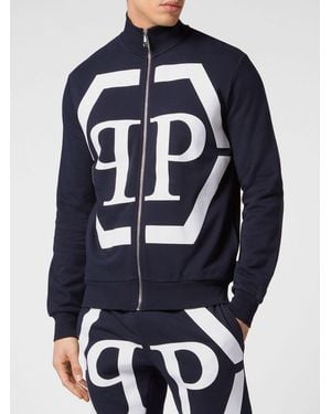 Philipp Plein Cotton Zip-Up Sweatshirt With High Neck And Monogram Hexagon Logo - Blue