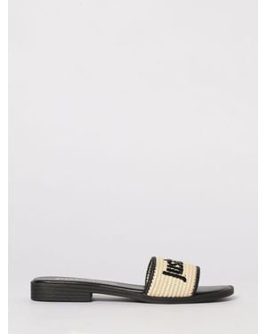Just Cavalli Raffia Mules With Embroidered Logo - White