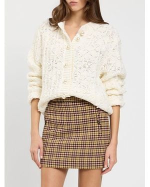 Twinset Openwork Wool Blend Cardigan With Jeweled Buttons And Pearls - Natural