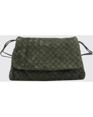 Bottega Veneta Giorno Woven Calfskin Shoulder Bag With Flap Closure - Green