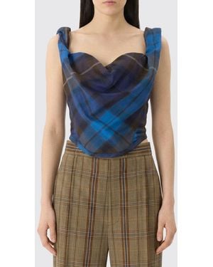 Vivienne Westwood Draped Tartan Wool Corset Top With Sweetheart Neckline - Blue
