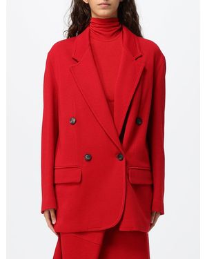 Tela Relaxed Fit Double-Breasted Wool Blend Blazer With V-Neck - Red