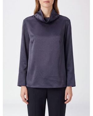 By Malene Birger Satin Blouse With Funnel Neck And Long Sleeves - Blue
