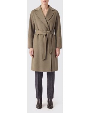 Max Mara 100% Virgin Wool Robe Coat With Waist Tie Belt - Natural
