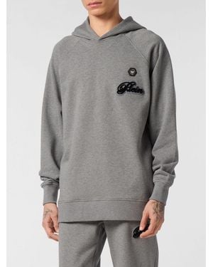 Philipp Plein Cotton Hoodie With Contrasting Logo - Gray