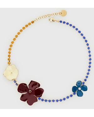 Marni Brass Necklace With Rhinestones And Flowers - Blue
