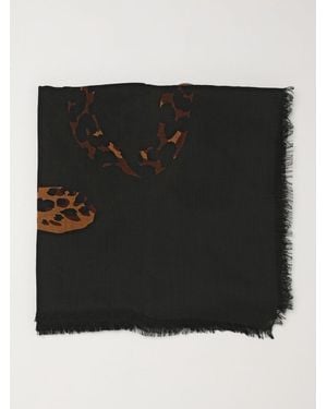 Saint Laurent Quadratischer Wollschal Mit Animal-Print Und Ausgefransten Kanten - Schwarz