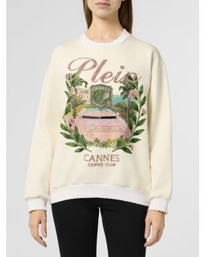 Philipp Plein Cotton Crewneck Sweatshirt With Dropped Shoulders And Rhinestone Logo - Natural