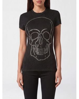Philipp Plein Slim Fit Cotton T-Shirt With Skull Print And Rhinestones - Black