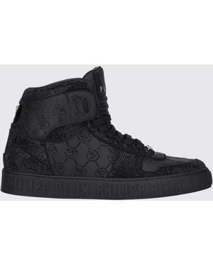 Philipp Plein Leather Trainers With Applied Rhinestones - Black