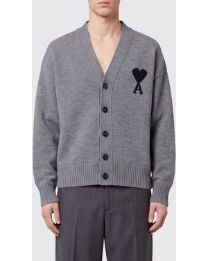 Ami Paris V-Neck Pure Wool Cardigan With Contrast Logo - Grey