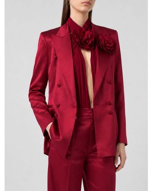 Philipp Plein Short Double-Breasted Satin Blazer With Flower Appliqué - Red