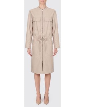Pinko Faux Leather Midi Shirtdress With Zip And Drawstring Waist - Natural