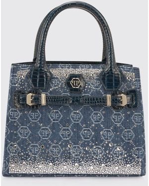 Philipp Plein Denim Bag With Rhinestone Hexagon - Blue