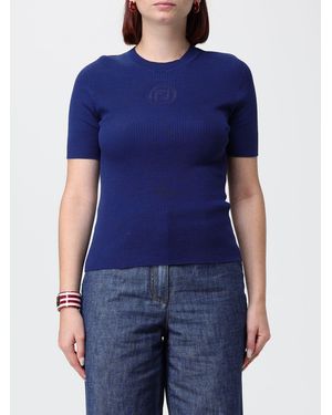 Fendi Ff Monogram Ribbed Cotton Short-Sleeve Knit Top - Blue