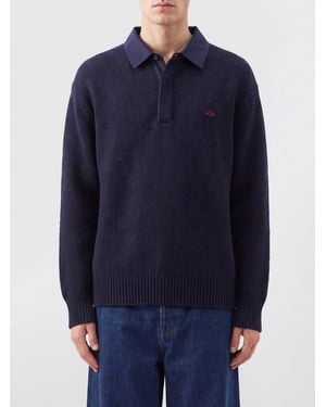 Loewe Long-Sleeved Wool Knit Polo With Ribbed Collar And Cuffs - Blue