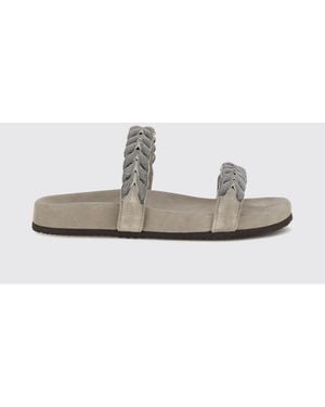 Brunello Cucinelli Suede Slide Sandals With Monili Embellishment - White
