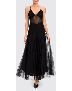 Twinset Langes Abendkleid Von Aus Tüll Und Spitze Mit V-Ausschnitt Und Schmalen Trägern - Schwarz