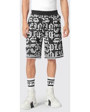 Philipp Plein Gothic Jersey Sport Shorts With Monogram Logo Print - Black