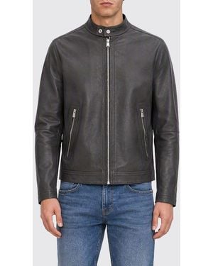 BOSS Short Leather Biker Jacket With Biker Collar And Metal Zip Closures - Gray