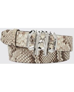 Philipp Plein Python-Print Snakeskin Leather Belt With Monogram Buckle - White