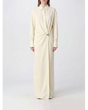 Dondup Striped Virgin Wool Long Sheath Dress With Draped Waist - Natural