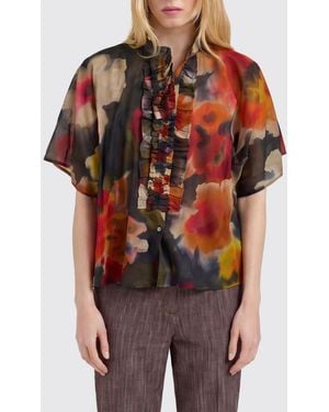 Momoní MomonÌ Short-Sleeved Floral Print Cotton Shirt With Ruffles And A Mandarin Collar - Red