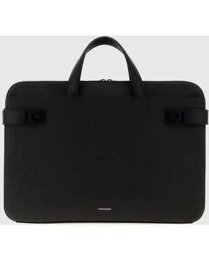 Ferragamo Calfskin Leather Briefcase With Removable Shoulder Strap - Black