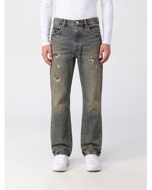 Purple Straight Fit Cotton Denim Jeans With Distressed Effect And Graphic Print - Gray