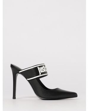 Just Cavalli Leather Mules With Logo - Black