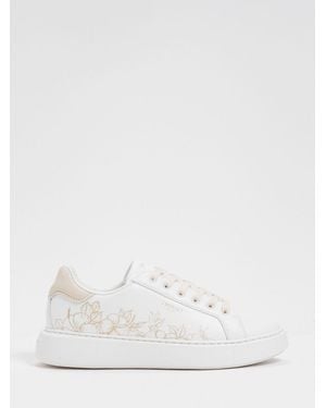 Twinset Low Top Smooth Leather Trainers With Floral Details And Lettering Logo - White