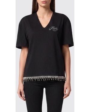 Philipp Plein V-Neck Cotton T-Shirt With Rhinestone Logo - Black