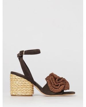 Paloma Barceló Suede And Raffia Sandals With Flower Appliqué And Mid Heel - Natural