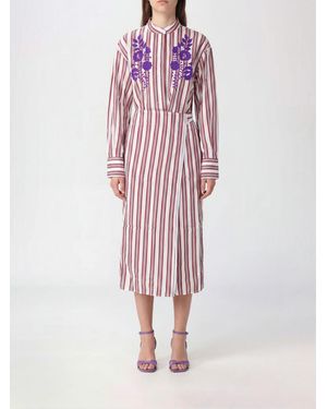 Antik Batik Striped And Floral Cotton Long Wrap Shirt Dress With Mandarin Collar - Red