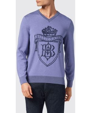 Billionaire Wool And Silk V-Neck Jumper With Jacquard Crest - Blue