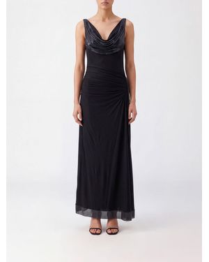 Rabanne Draped Long Evening Gown With Metal Mesh Application - Black