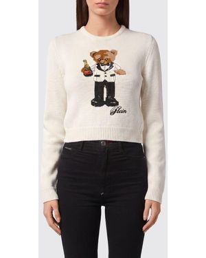 Philipp Plein Slim Fit Wool-Blend Crewneck Sweater With Teddy Bear Print - White
