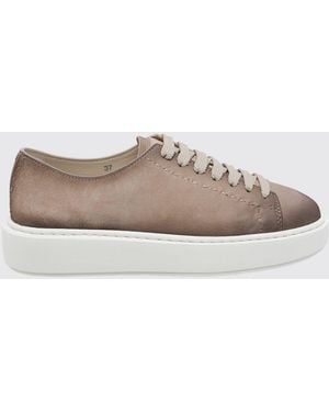Santoni Suede Leather Low-Top Trainers With Embossed Logo And Rubber Sole - Natural