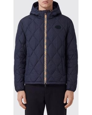 Burberry Hooded Quilted Nylon Down Jacket With Ekd Logo - Blue