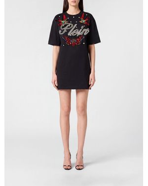 Philipp Plein Sheath Mini Dress With Rhinestone Logo And U-Back Neckline - Black