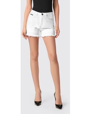 Philipp Plein Minishorts Vaqueros De Talle Alto Con Bajo Deshilachado Y Logo - Blanco