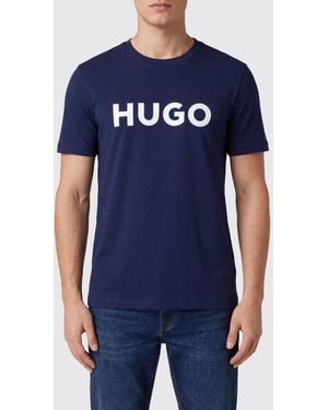HUGO Crewneck Cotton T-Shirt With Contrasting Logo - Blue