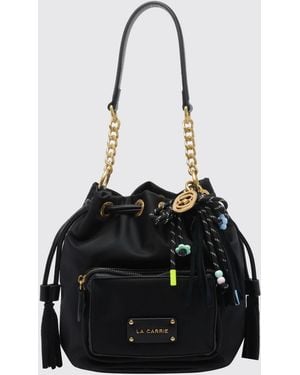 La Carrie Nylon Bucket Bag With Chain-Link Handle And Removable Strap - Black