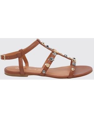 Via Roma 15 Flat T-Strap Smooth Calfskin Leather Sandals With Stud Application - Brown