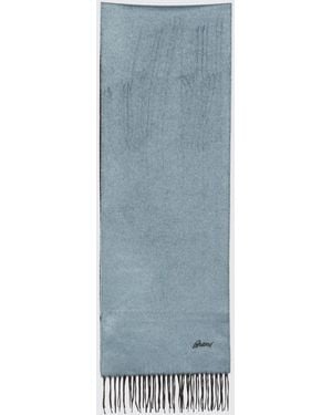 Brioni Silk And Cashmere Scarf With Embroidered Logo And Fringed Hem - Blue