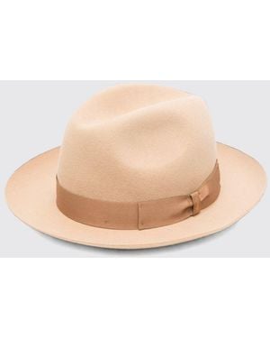 Borsalino Pure Wool Panama Hat With Medium Brim And Contrast Band - Natural