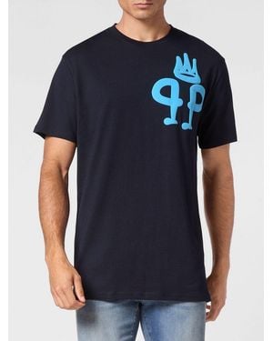 Philipp Plein Dropped Shoulder Cotton T-Shirt With Monogram Logo - Blue